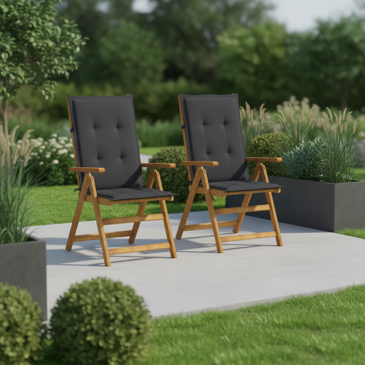 2 verstelbare tuinstoelen met donkergrijze kussens