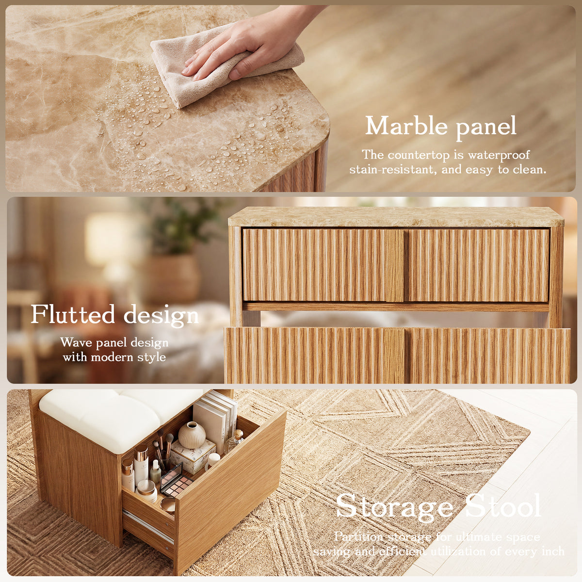 Luna sminkebord med LED-spejl og taburet – moderne makeupbord med 2 skuffer