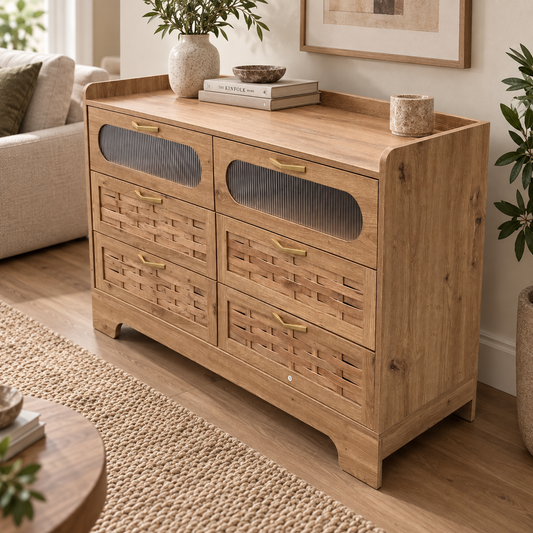 Amara – Moderne Ladekast met 6 Laden en Vitrinedeur – 120 cm