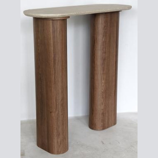 Travertino sidetable – travertijnlook blad op notenhouten zuilen, 100 × 35 × 80 cm — E-woodproducts