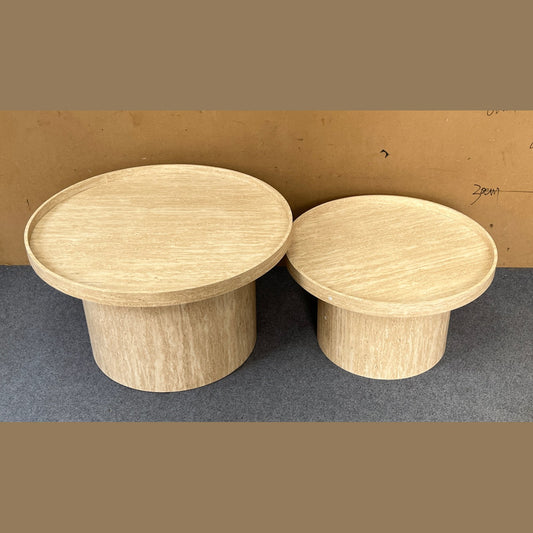 Travertino ronde salontafelset – set van 2, travertijnlook, Ø72 + Ø60 cm — E-woodproducts