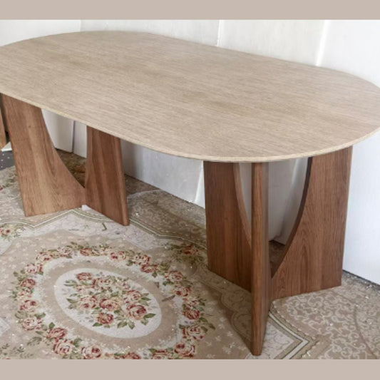 Travertino ovale eettafel – travertijnlook met notenhouten poten, 180 × 90 × 76 cm — E-woodproducts