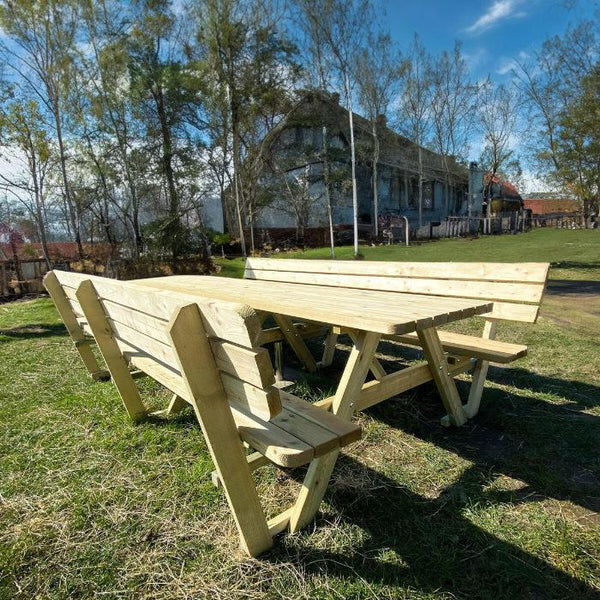 Picknicktafel 300 cm KING met 2 rugleuningen — tweede keuze — E-woodproducts
