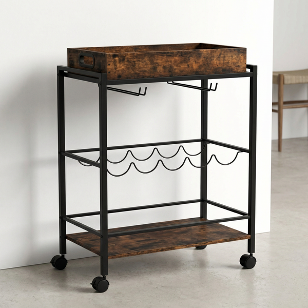 Vintaro – industriële dranktrolley op wielen met wijnrek (57 x 30 x 83 cm)