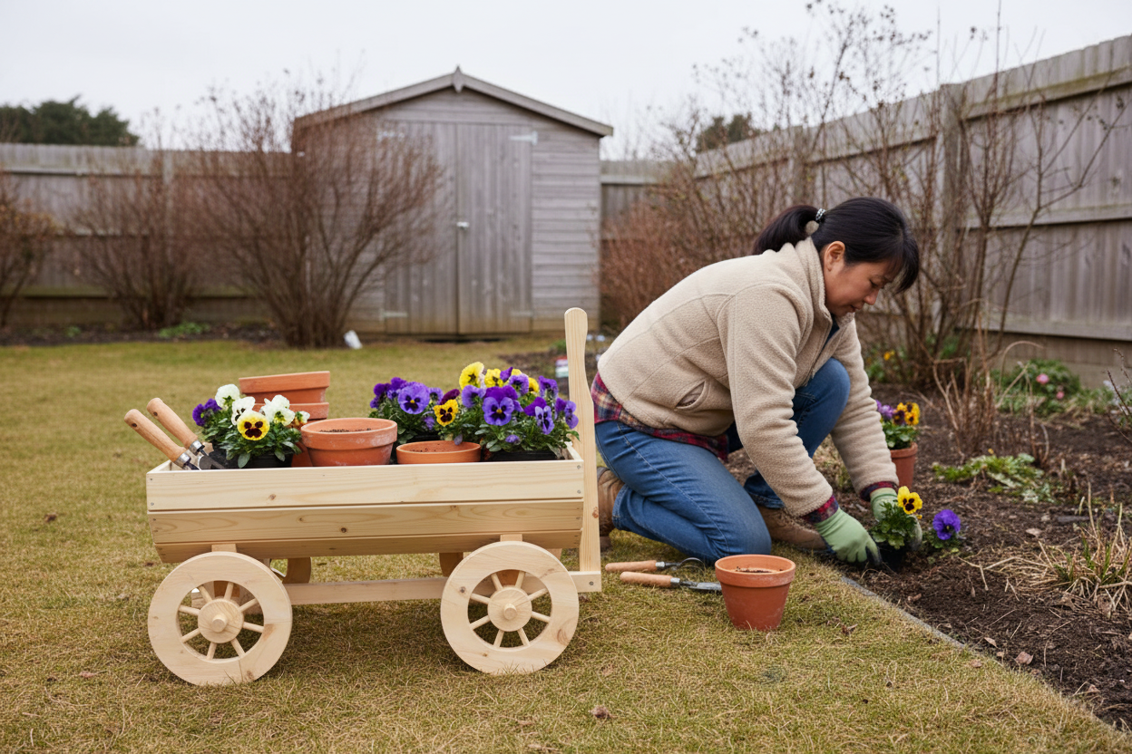 Aziatische vrouw tuiniert met lichte vurenhout wagen 18 dec 13:58