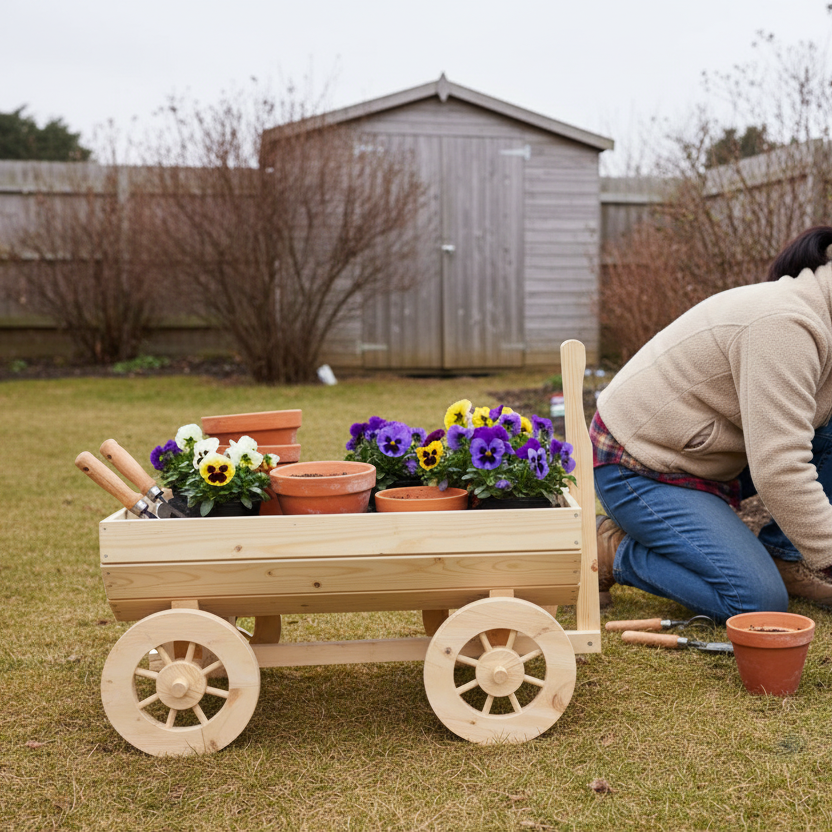 Aziatische vrouw tuiniert met lichte vurenhout wagen 18 dec 13:58