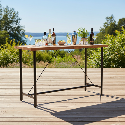 Bartafel met glazen en flessen op deck