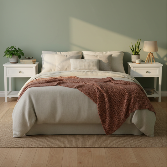 Bed tussen 2 witte nachtkastjes