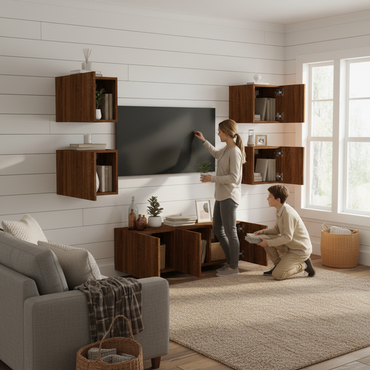 Bruin eiken TV wandmeubel met open deuren