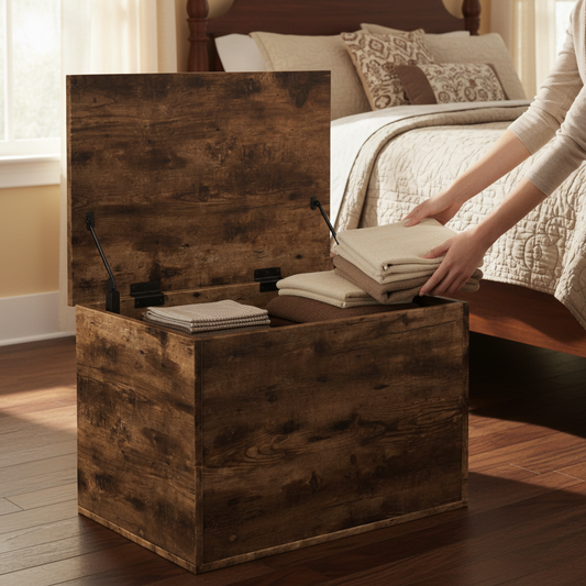 Bruine opbergkist met open deksel in traditionele slaapkamer