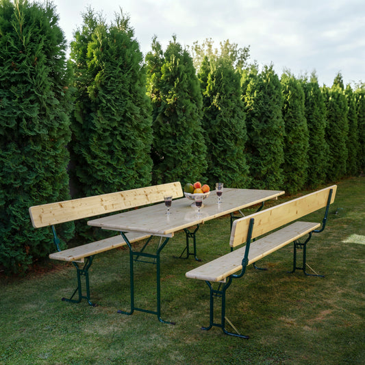 Biertafelset 220 x 70 cm met rugleuningen KING – tafel en twee banken met rugleuning in de tuin