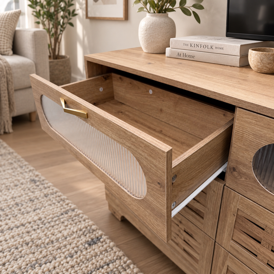 Amara – Modern 6-Drawer Dresser with Display Cabinet Door