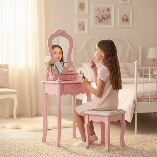 Compacte roze kaptafel in meisjeskamer met lifestyle