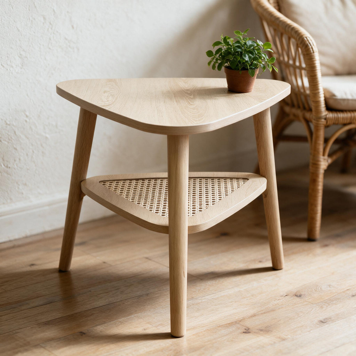 Driehoekige bijzettafel met rotan legplank en een plant op het blad, eikenlook, in een leeshoek