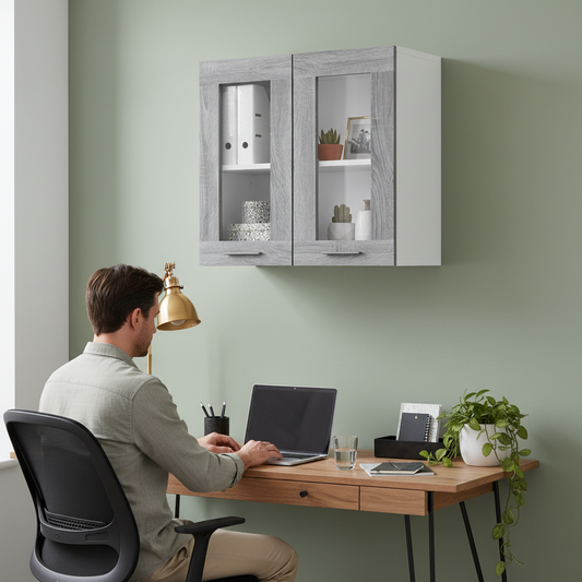 Grijze glazen wandkast in home office