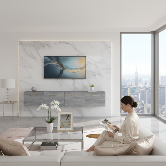 Grijze wandkasten 100cm met TV in penthouse