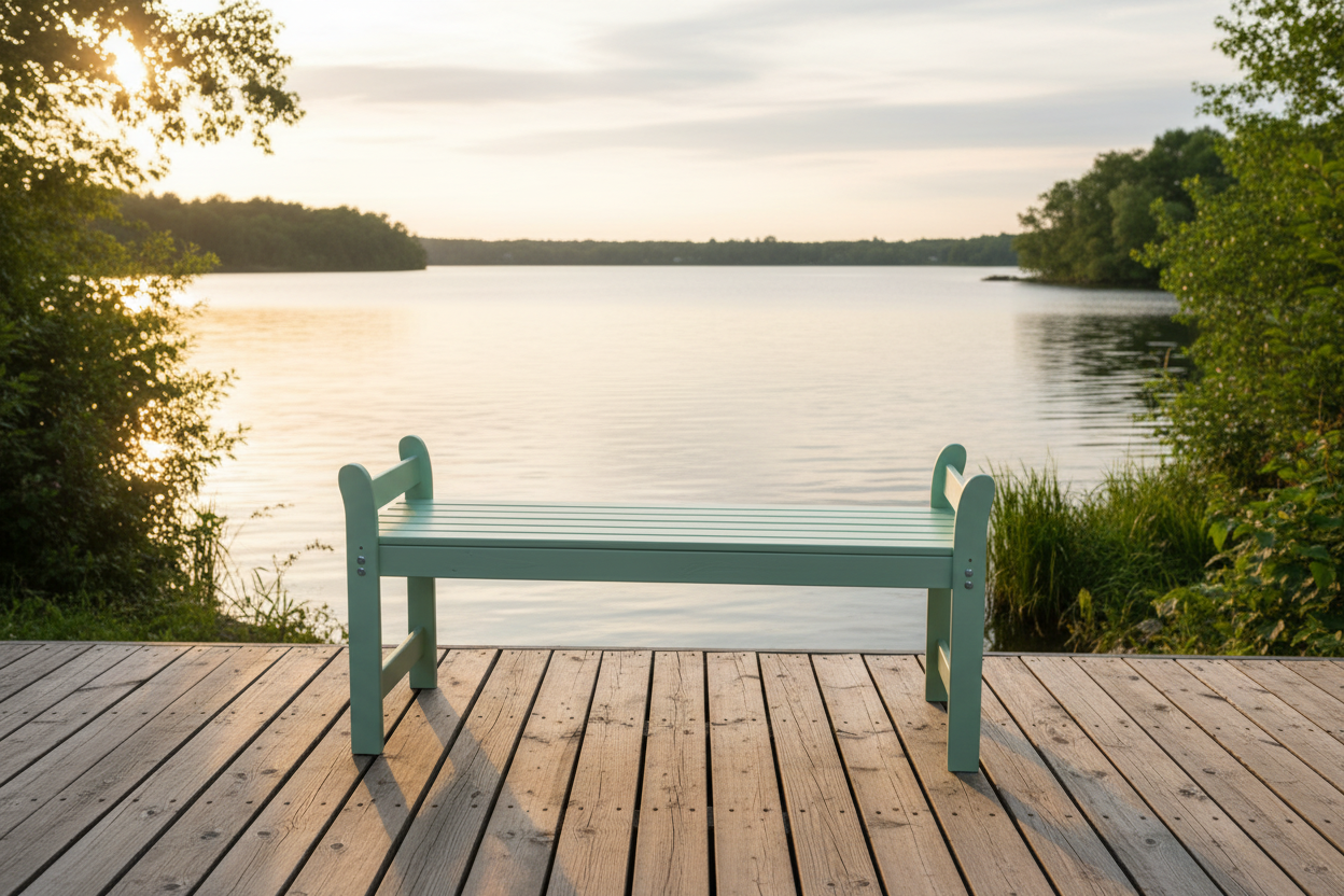 Groene tuinbank op deck met waterzicht