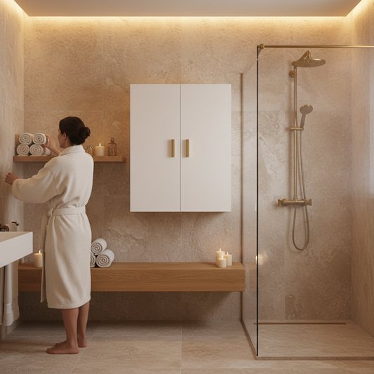 Hoogglans witte wandkast met gouden handgrepen in wellness badkamer