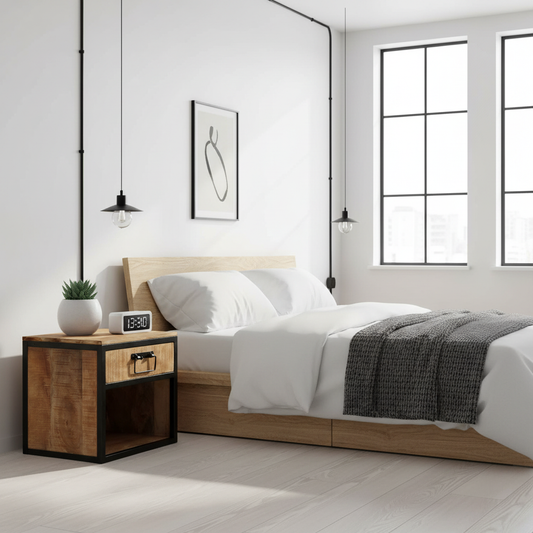 Industrieel nachtkastje in Scandinavische kamer