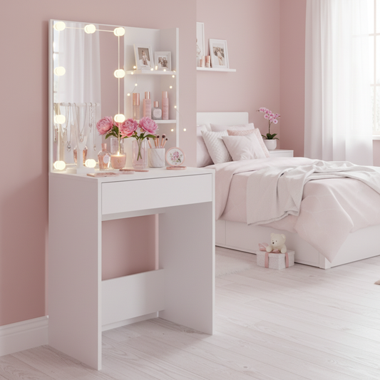 Kaptafel met LED-verlichting in wit - feminine meisjeskamer (gecorrigeerd)