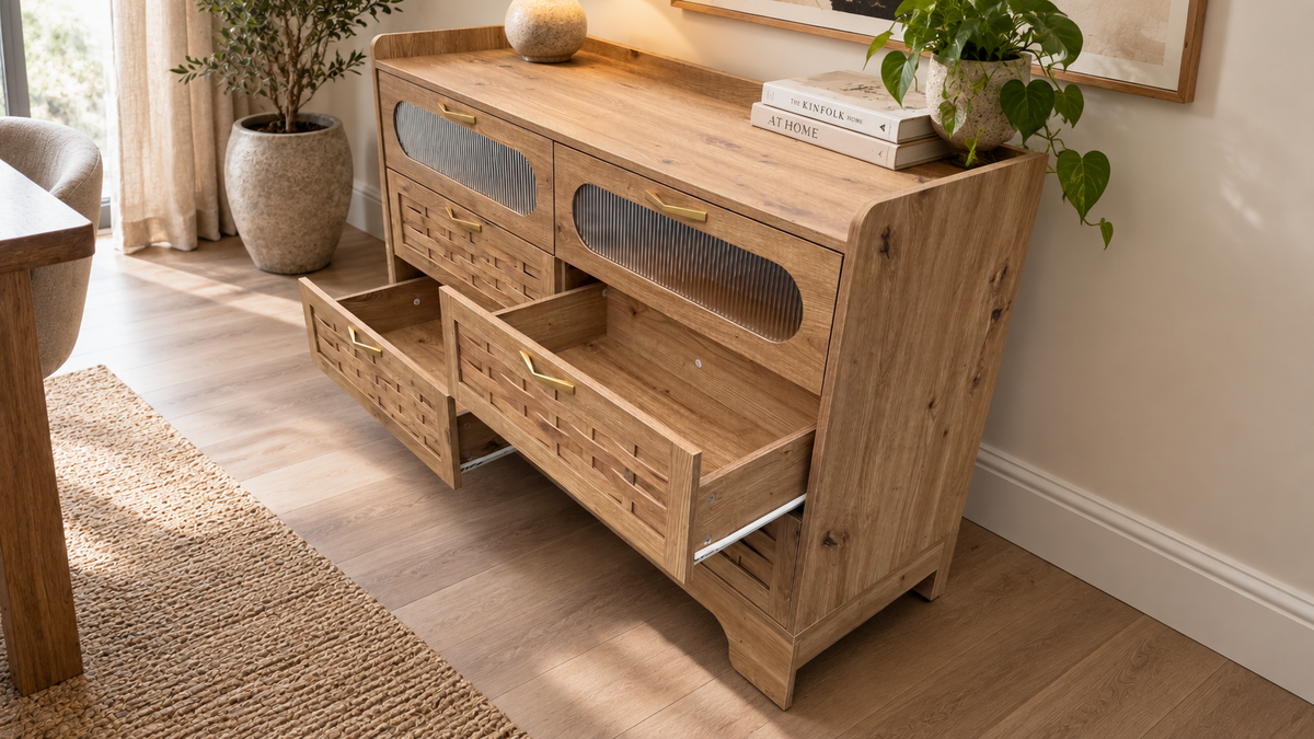 Amara – moderne kommode med 6 skuffer og vitrinelåge – 120 cm