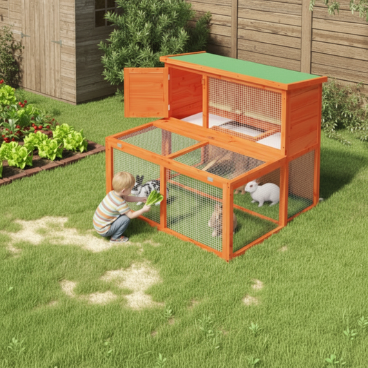 Kind voedt konijnen - bovenaanzicht