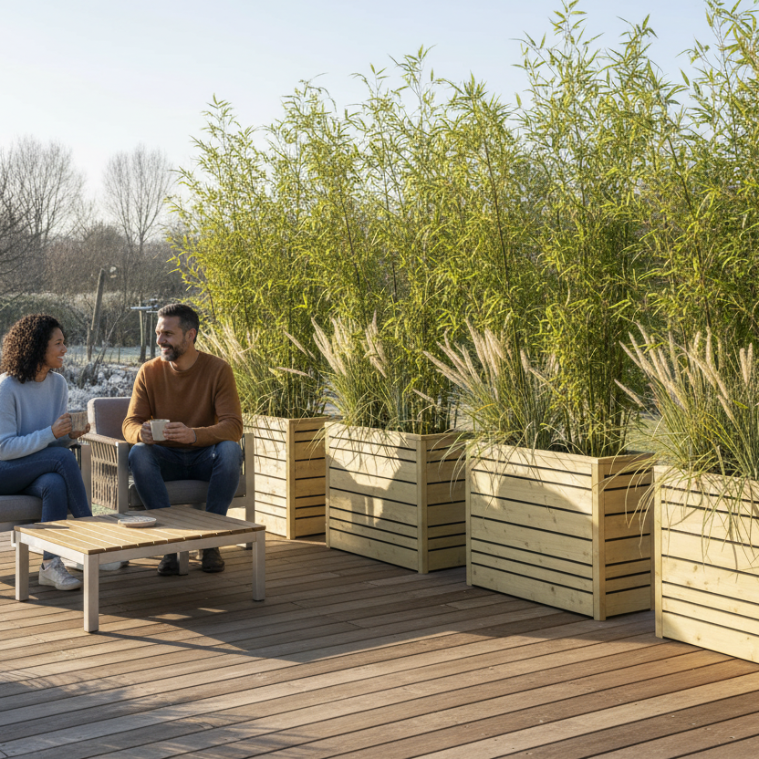 Latino stel op terras met hoge bloembakken privacy 13:06