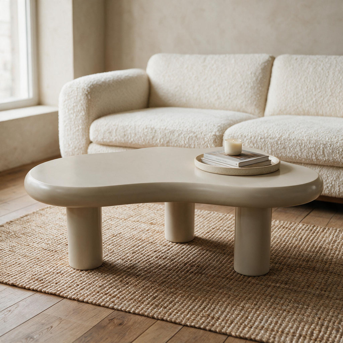 Liora Cloud salontafel in crème op drie ronde poten, in een warme woonkamer met boeken en kaars