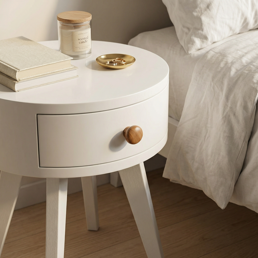 Luna Drawer – table de chevet ronde et compacte avec tiroir, blanc mat (40 × 40 × 50 cm)