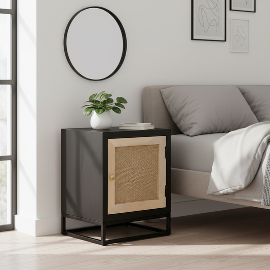 Modern nachtkastje met rotan in minimalistische kamer