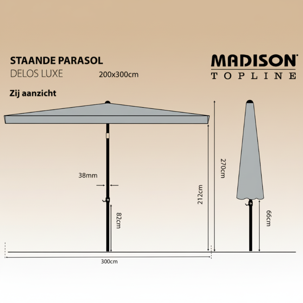 Parasol met afmetingen op zandbeige achtergrond