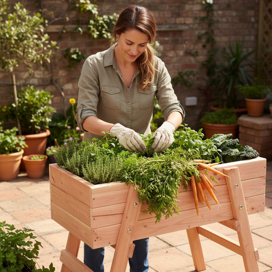 Persoon verzorgt moestuintafel
