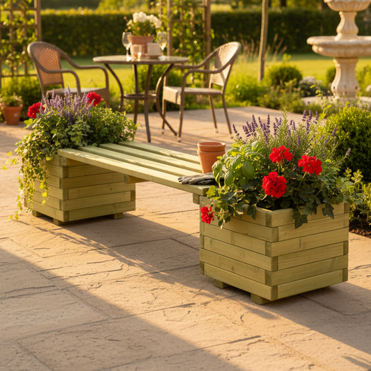 Plantenbank op summer patio side angle