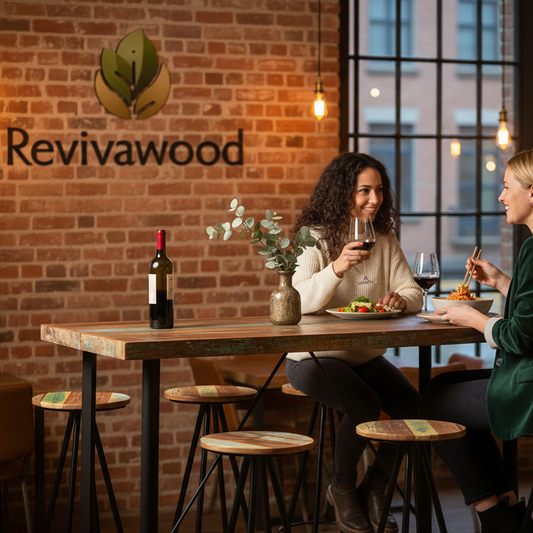 Restaurant with women and Revivawood logo