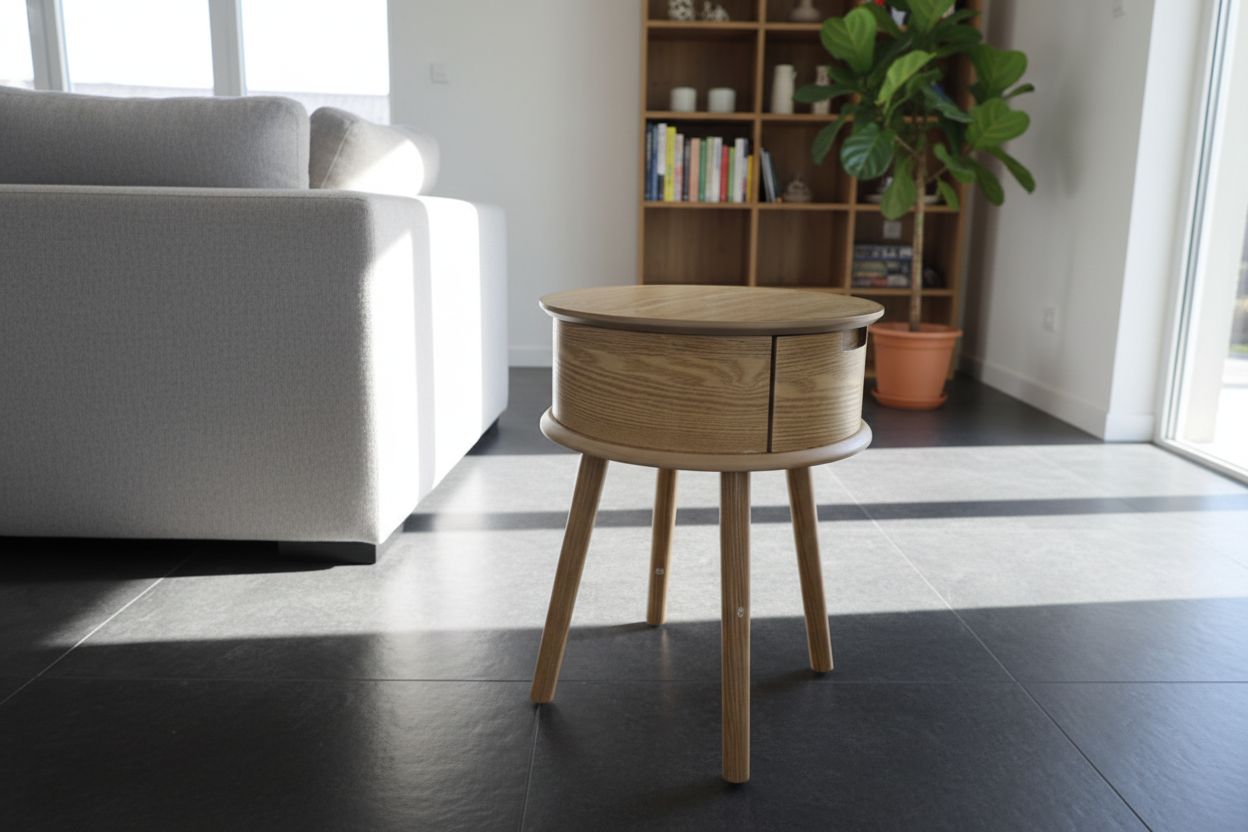 Round Bedside Table with 1 Drawer – Curved Design (Ø45 × 50 cm)
