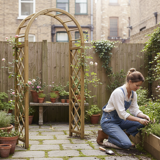 Rozenboog in kleine stadstuin