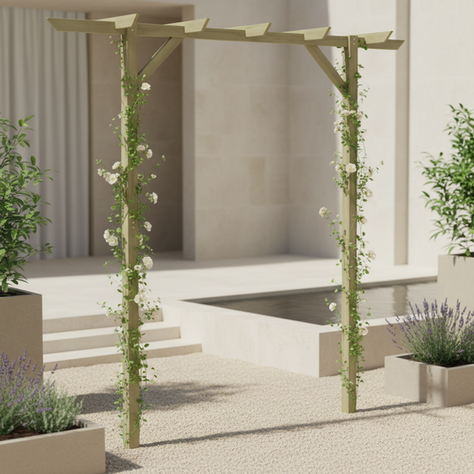 Rozenboog met subtiele klimplanten