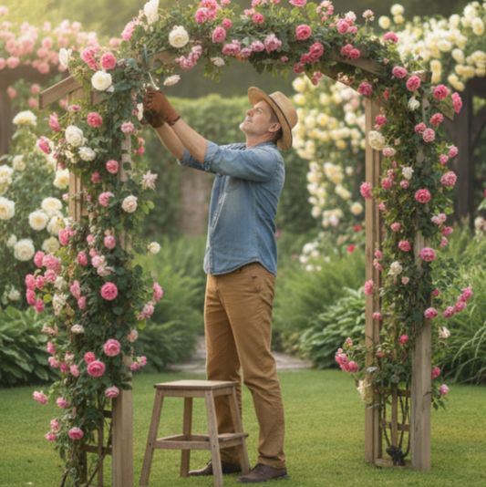 Rozenboog met tuinier