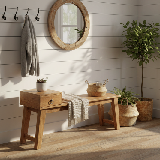 Rustieke mangohout bank met lade in farmhouse entree