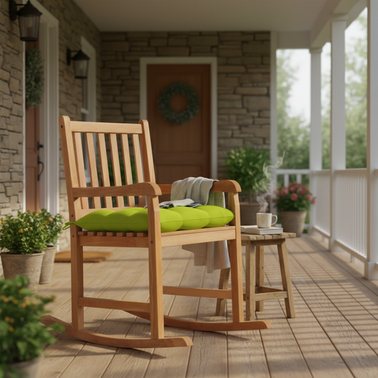 Schommelstoel met groen kussen op veranda