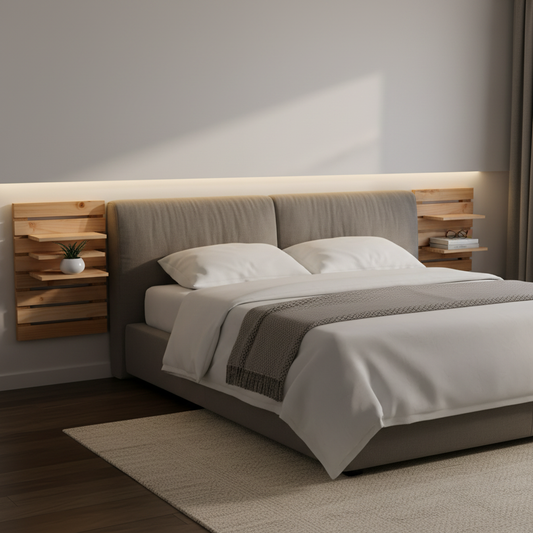 Slaapkamer met bed tussen twee honingbruine nachtkastjes