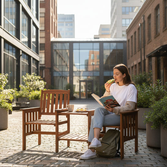 Student met toast in de stad