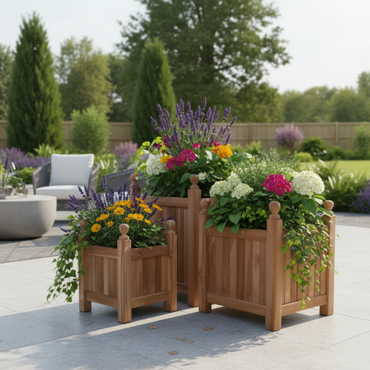 Teak bloembakken set op modern terrace