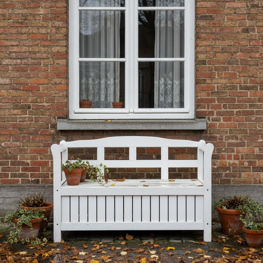 Tuinbank Yinke wit tegen bakstenen