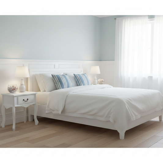 Twee witte nachtkastjes in coastal slaapkamer