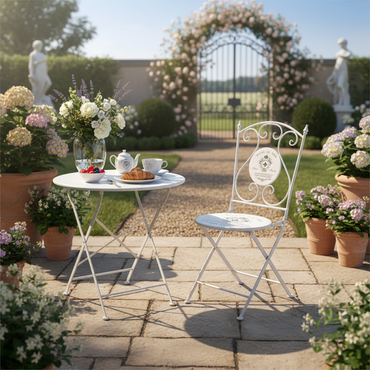 Witte bistrostoel op tuinterras