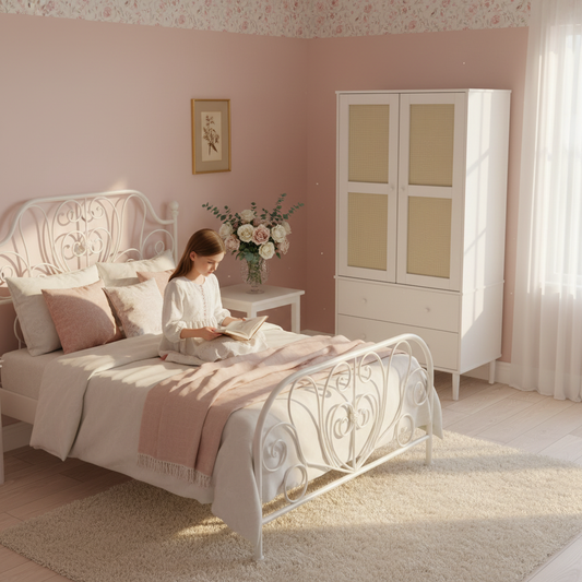 Witte rotan kast in meisjeskamer