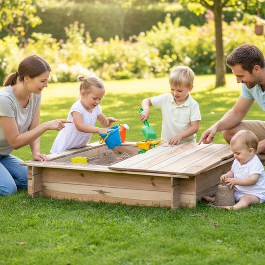 Zandbak met kinderen die zandkastelen bouwen