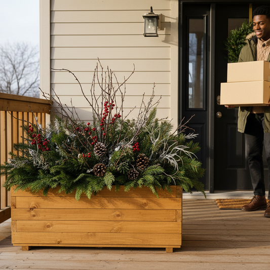 Zwarte man bij voordeur met warme bruine bloembak 13:34