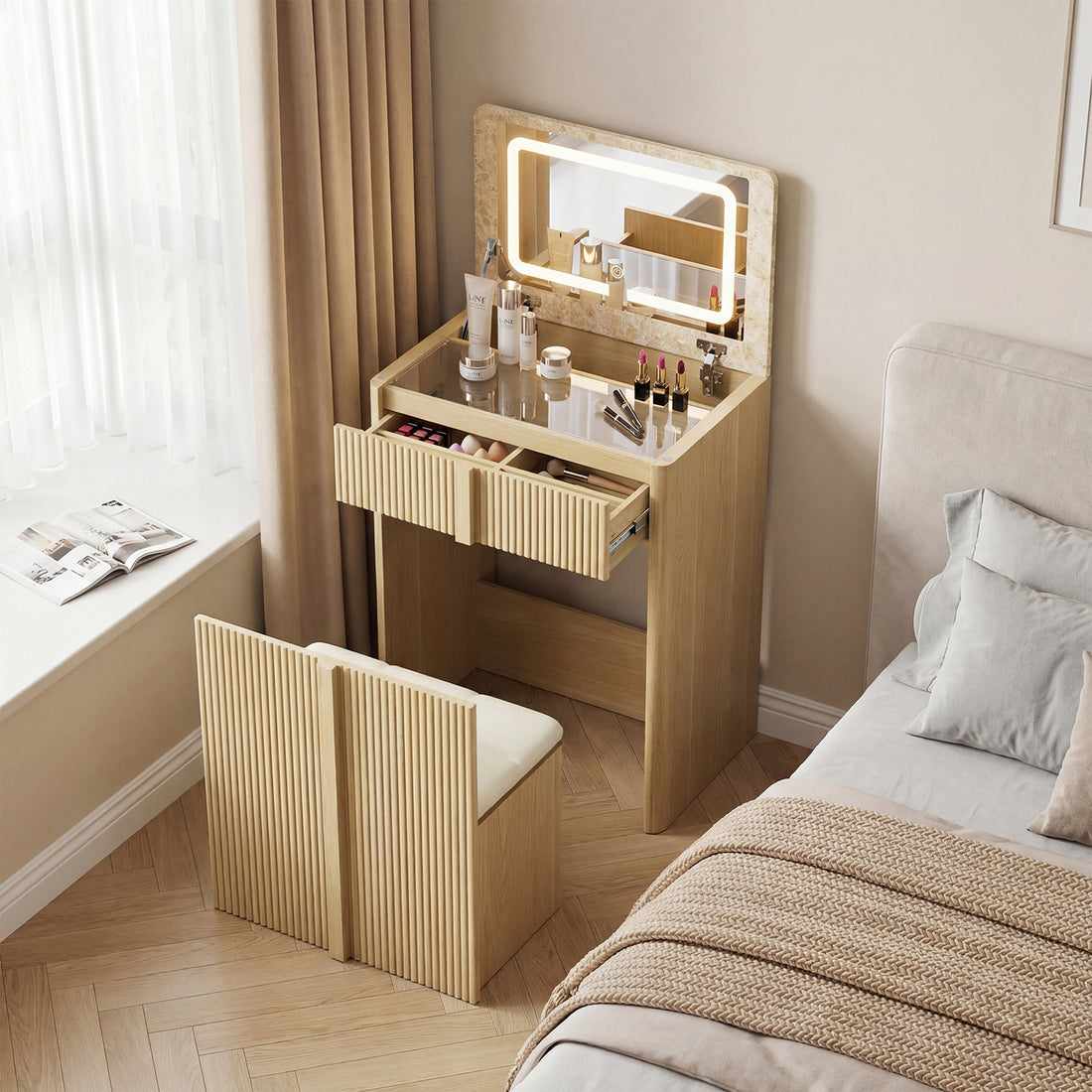 Luna Kaptafel met LED Spiegel en Kruk – Moderne Make-up Tafel met 2 Laden